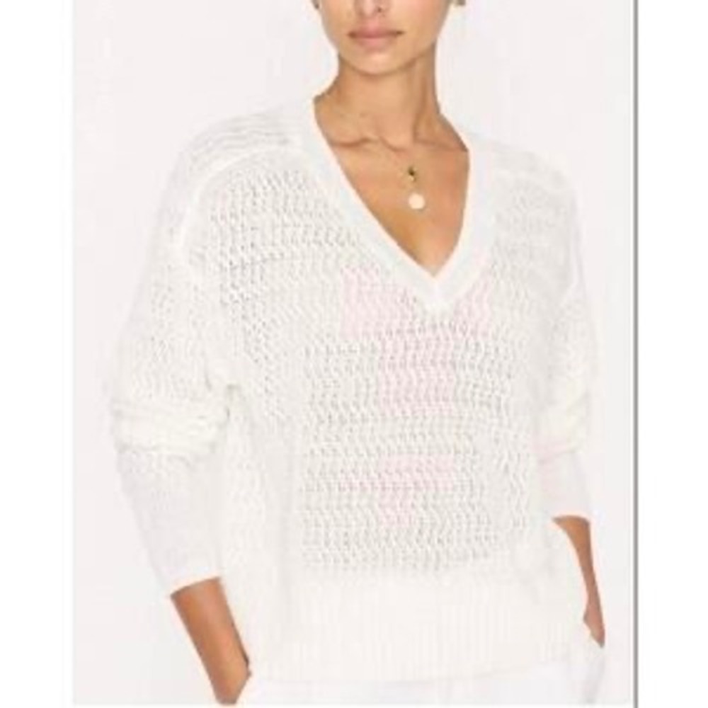 Brochu Walker NWT Leia Open Stitch V-Neck Sweater Size M in Solid Pearl White